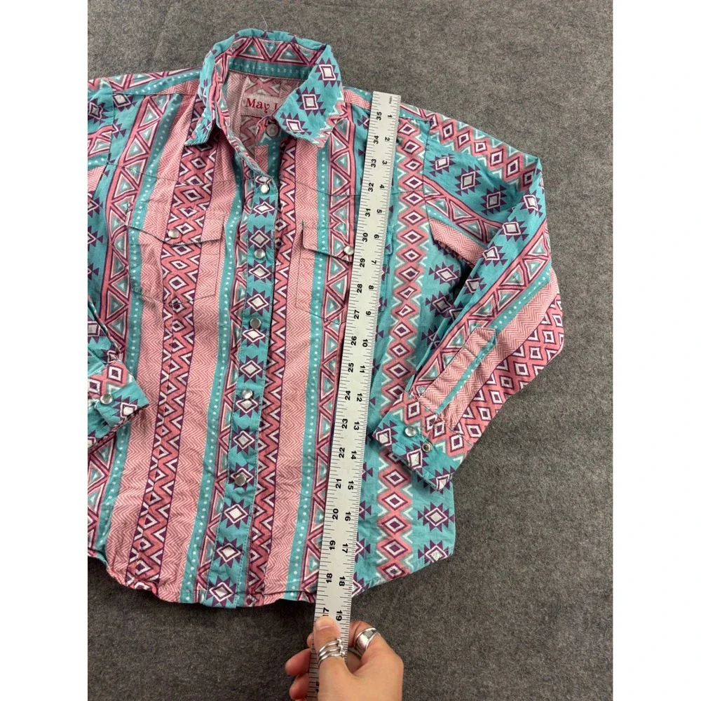 May Lillie Girls M Western Pearl Snap Shirt Pink Turquoise Southwestern Cotton